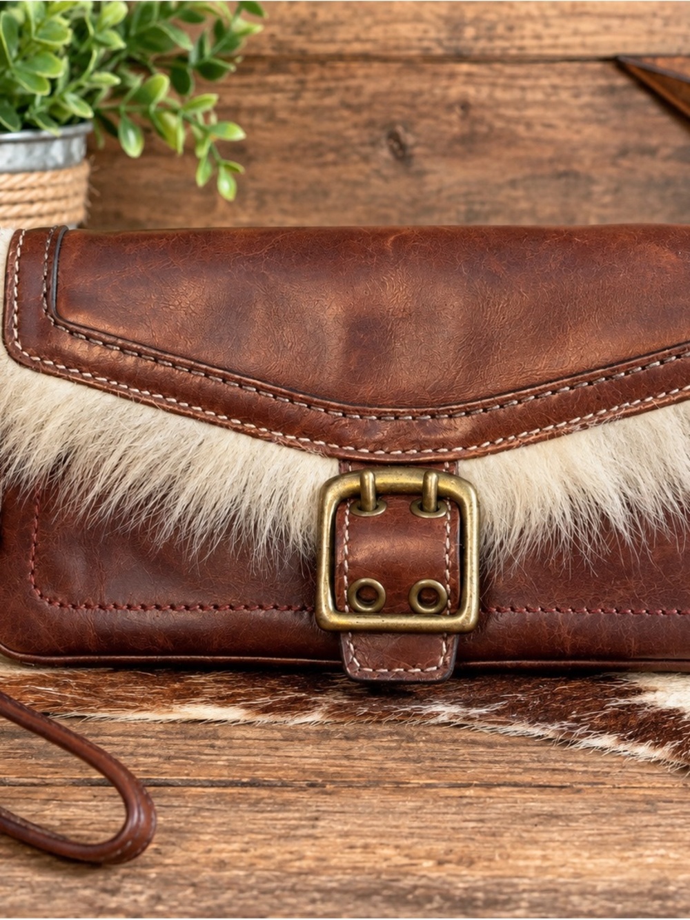 Coach Brown Leather Clutch with Cream Fur Trim & Brass Buckle